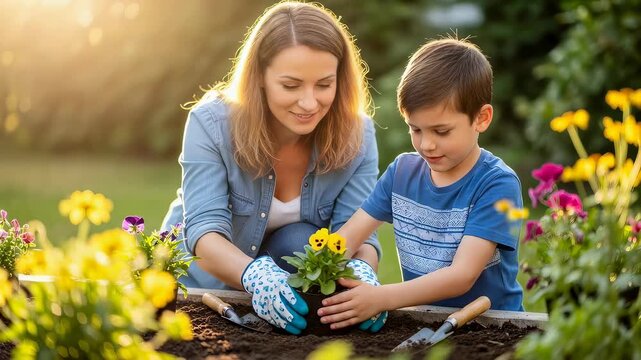 Woman and boy planting flowers together in garden, a developmental activity for children with special needs.