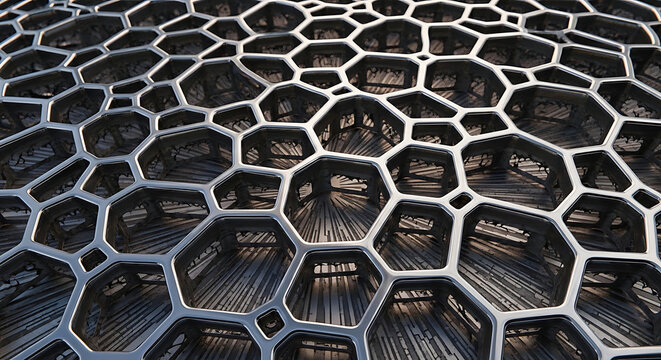 abstract metallic honeycomb pattern with intricate cellular structures and deep shadows technology ai networks.