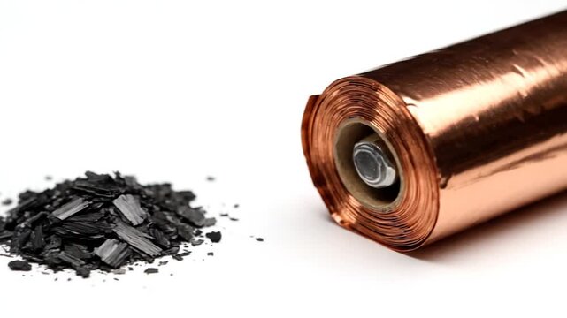 A video sequence displays essential components for energy storage: white powder in a jar (electrolyte/salt), piles of black flaky carbon material, and a rolled copper foil current collector, suggesti