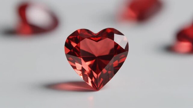 Red heart-shaped gem on gray surface with blurred red gems in the background