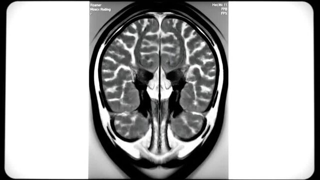 Animated MRI sequence showing coronal slices of a brain and head, gradually descending to reveal detailed neuroanatomy, ventricles, and facial sinuses.