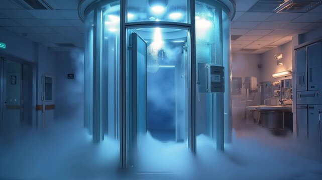 Ultra HD Futuristic cryotherapy chamber in a modern medical facility with ethereal fog and blue lighting video