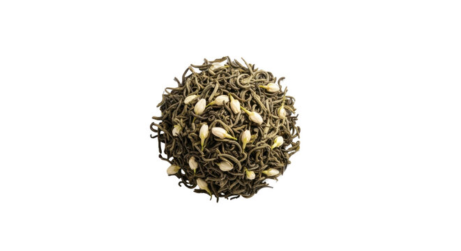 Overhead shot of a small, round pile of dried green tea leaves mixed with delicate white jasmine flower buds, isolated on a clean white background.