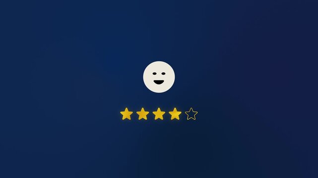Animated customer satisfaction rating, from neutral to happy smiley face, achieving four glowing golden stars on deep blue background, excellent service quality and positive user feedback, Copy space