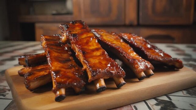 Barbecued ribs on a wooden board in a rustic kitchen setting