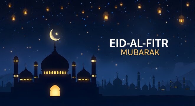 Eid al fitr mubarak celebration with mosque and lanterns