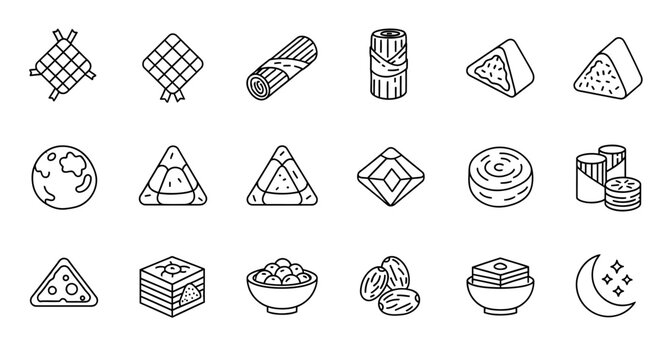 Traditional Iftar Food and Ramadan Line Icon Set for Eid Mubarak Celebration