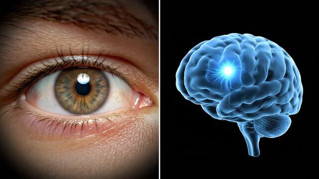 A close-up of a human eye moving left and right, constantly alternating with a 3D visualization of a blue brain displaying intense, focused neural activity, illustrating the process of visual percept