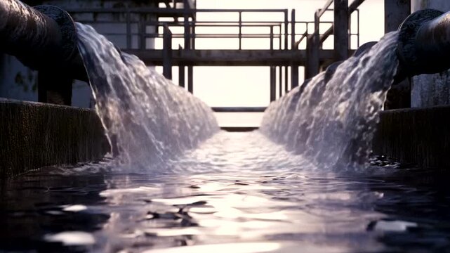 Industrial water flowing from pipes into a channel.