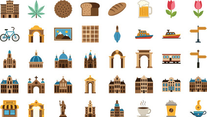 Italy Travel Icon Set Featuring Colosseum, Pisa Tower, Venice Gondola, Italian Food, Landmarks and Cultural Symbols Colorful Vector Collection © Rifat