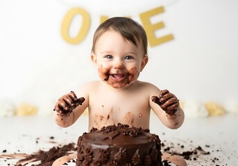 Baby covered in chocolate cake smiles with joy during first birthday smash.