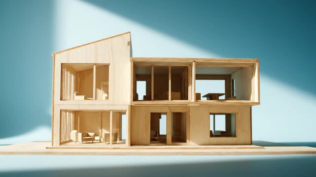 The video showcases an architectural model of a modern wooden two-story house with an open design, set against a bright blue backdrop. Subtle light changes shift the shadows, highlighting the minimal