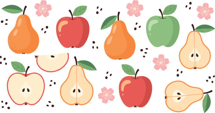 Cute apples and pears seamless pattern with sliced fruits leaves and flowers colorful flat vector design for food packaging textile and kitchen decor projects