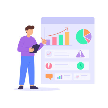 Status Reporting, communicating progress and performance updates, Flat vector character illustration