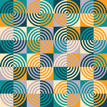 Seamless geometric retro pattern with concentric circles and squares, abstract vector background in mid-century modern style. EPS 10