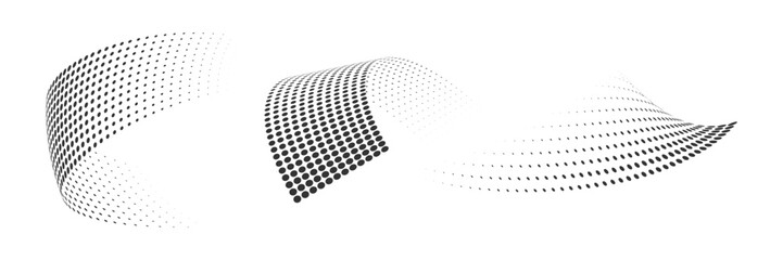 Set of dotted curved abstract shapes. Dotted pattern in halftone theme. Curved and twisted abstract gradients. Vector design element in black and white color.