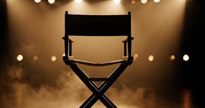 Empty director chair silhouette on cinematic stage with smoke and spotlights
