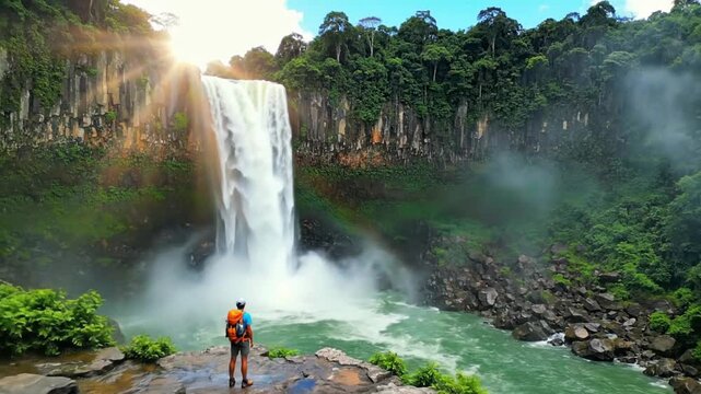 Waterfall flows down steep rocks and creates mist over green jungle in a tropical area