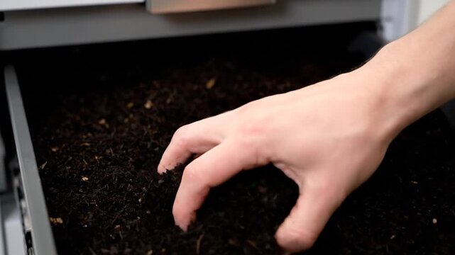 A hand opens a modern indoor composting drawer revealing rich, dark soil. The person handles and examines a scoop of the finished vermicompost or fertilizer.
