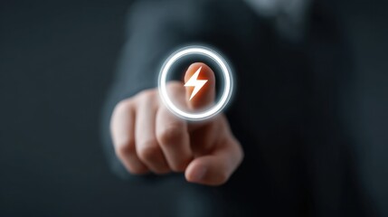 Businessman Pointing at Energy Symbol with Gesture of Innovation and Motivation in Professional Setting