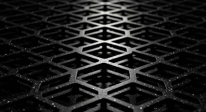 black hexagonal grid pattern with glistening water droplets creating a modern abstract industrial texture background for tech designs.