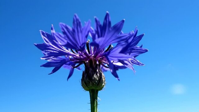 Low-angle shot of a vibrant blue cornflower against a clear azure sky in bright sunlight