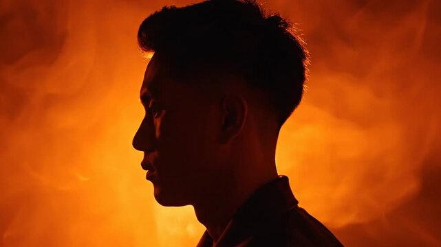 Cinematic silhouette profile of a young Asian male with trendy contemporary hairstyle posed against a minimalist bright orange studio backdrop, perfect for creative advertisement concepts.
