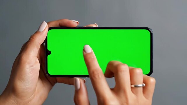 Hands holding a smartphone with a green screen ready for app testing or video creation