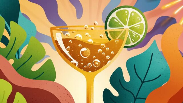 Abstract Yellow Cocktail Glass Illustration Featuring Organic Geometric Shapes and Vibrant Summer Graphic Art Aesthetic with Refreshing Tropical Drink Elements for Modern Creative Design Projects