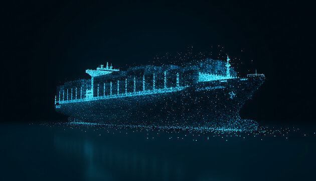 A futuristic digital twin of a container ship rendered with glowing blue light particles against a dark background, representing advanced maritime technology and global trade.. Futuristic Digital Mari