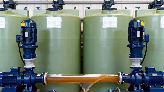 Close medium view of ecofriendly flocculant tanks connected to pumps feeding plantderived clarifiers into a juice pipeline highlighting control labels and smooth liquid motion.