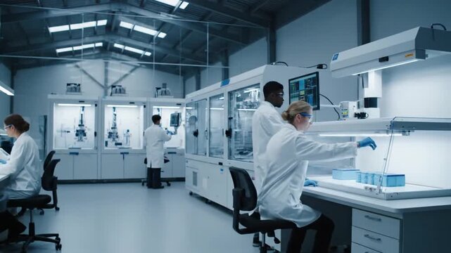 Diligent scientists in lab coats conduct experiments, meticulously handling samples and operating sophisticated analysis machinery within a large, modern, brightly lit biomedical research facility.