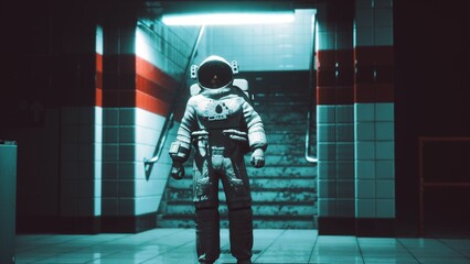 In a dimly lit underground space, an astronaut in a sleek suit stands alone, surrounded by tiled walls. A soft blue light illuminates the stairway behind, creating an eerie yet captivating atmosphere. © icetray