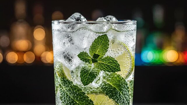 Tall Glass of Refreshing Mojito or Gin Tonic Cocktail Garnished with Fresh Lime Slices and Green Mint Leaves Served with Cold Ice Cubes Professional Beverage Photography