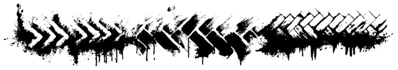 Grungy tire track tread patterns with ink splatters and dirty brush strokes vector border © Wuszu