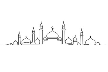 Continuous one line drawing of a mosque skyline with multiple domes and minarets, featuring a crescent moon symbol. Created in minimalist black outline vector style on a white background. © creations sanddollar