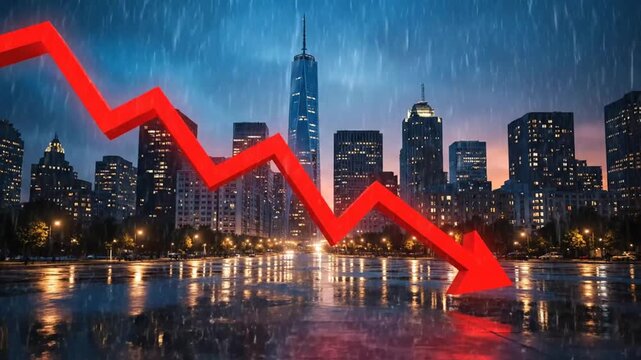 Cityscape at dusk with declining graph arrow overlay during rain