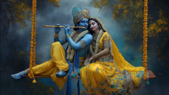 Krishna and radha divine love on swing. symbolizing eternal love and divine harmony. 