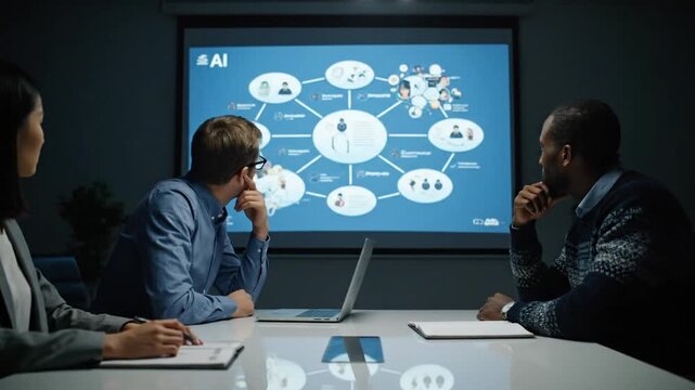 A diverse team holds a dark, focused business meeting, reviewing a complex AI system flowchart projected on a screen. Colleagues analyze the technical diagram intently.