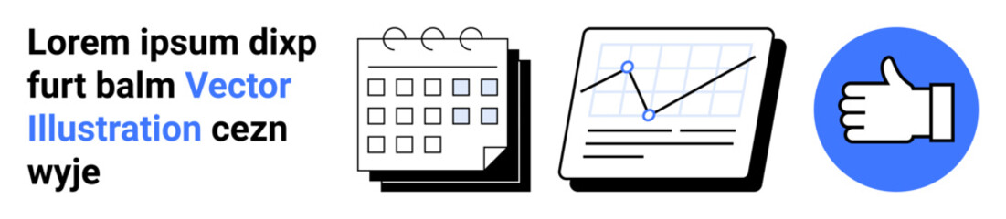Obraz premium Business strategy, data analysis, productivity tools, corporate success, workflow planning, decision-making. Calendar, a graph with rising statistics and a thumbs-up icon. Business strategy and data