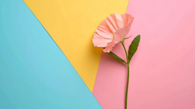 A delicate pink flower stands against a vibrant, geometric background of blue, yellow, and pink.
