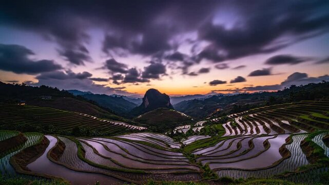Time-lapse of the sun setting over scenic terraced rice fields reflecting the colorful sunset and starry night sky