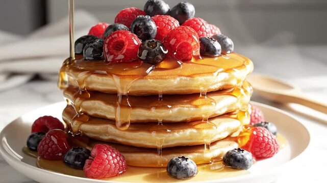 Stack of pancakes topped with fresh berries and syrup on a white plate, with a blurred background serving for a breakfast or brunch concept