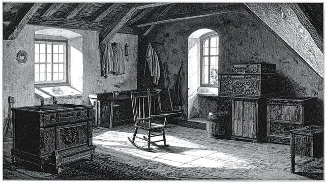 An antique room with wooden furniture, a ing chair, and natural light streaming through the windows.