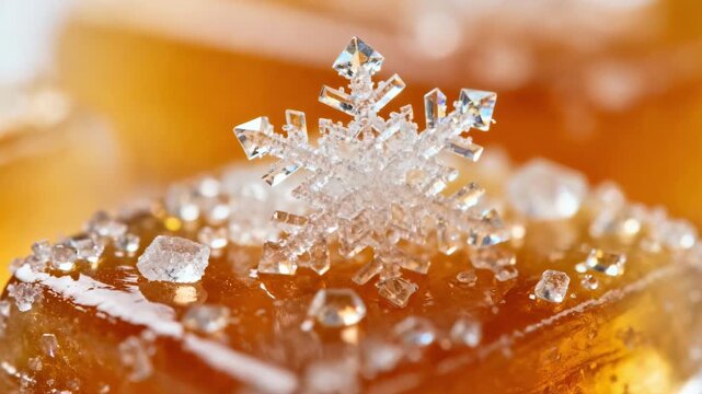 Closeup medium shot capturing fine sugar crystals on candy revealing intricate geometric patterns and delicate sparkling details under soft lighting.
