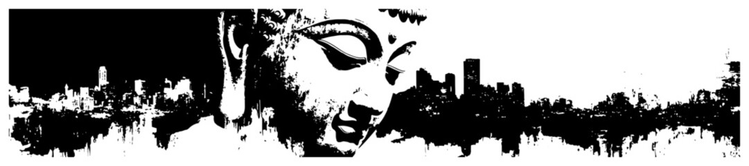Fototapeta premium Artistic Buddha head silhouette over a city skyline with grunge ink textures