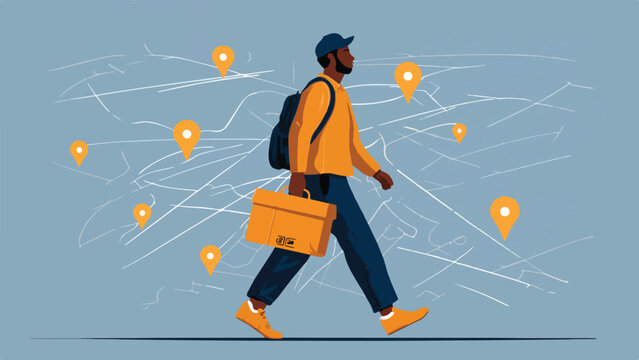 A person with a backpack and briefcase walks past map pins
