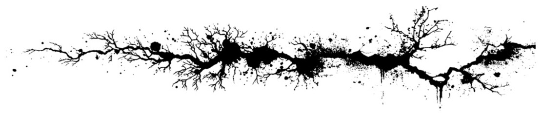 Horizontal grunge border made of gnarled branches and intricate ink splatters