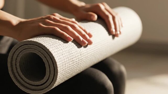 Person unrolling a yoga mat on the floor, preparing for a serene exercise session in a peaceful indoor environment from a close-up viewpoint like in Video (37).mp4
