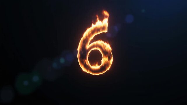 Fiery Number Six on Dark Background with Blurred Lights.